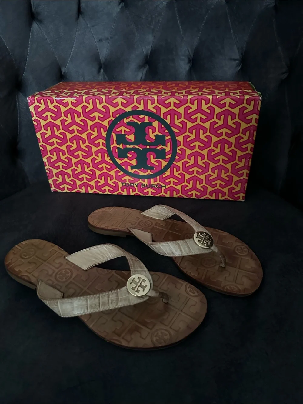 Tory Burch Thora Beige and Gold Thong Sandal